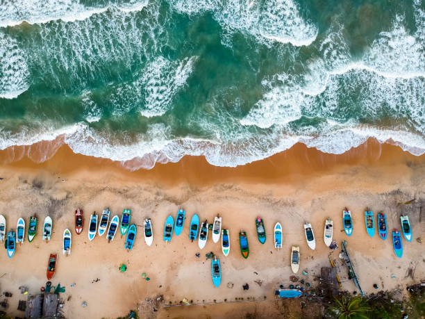 Fishing boats on the beach at Arugam Bay from above