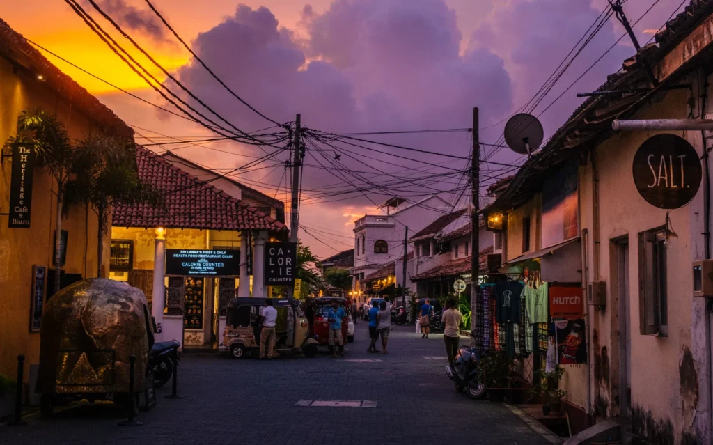 Street in Galle Fort at sunset