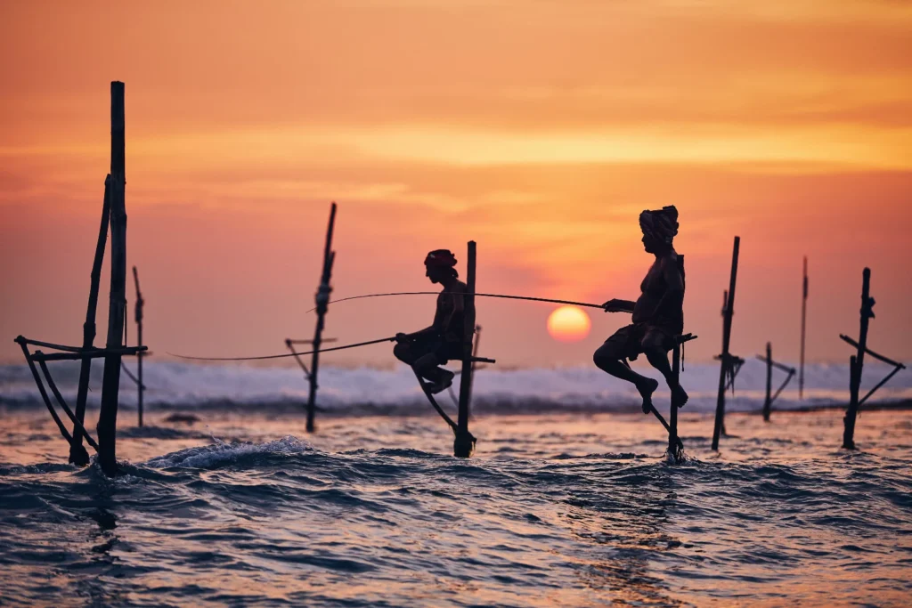 Stilt fishermen at sunset on the Galle coast