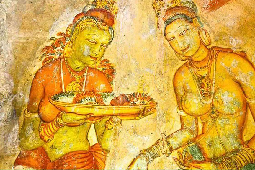Ancient Sigiriya frescoes of painted maidens